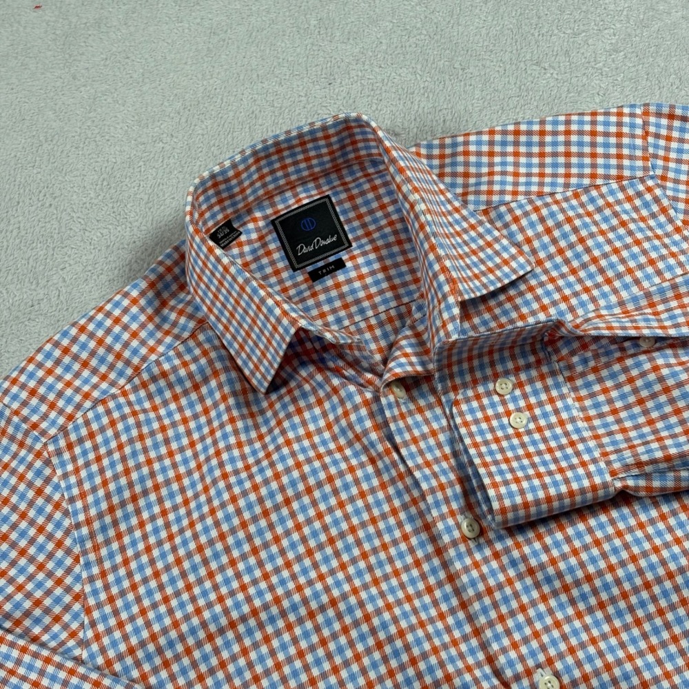 David Donahue Mens Trim Fit Dress Shirt Orange Gingham Check Cotton 16 34/35 L